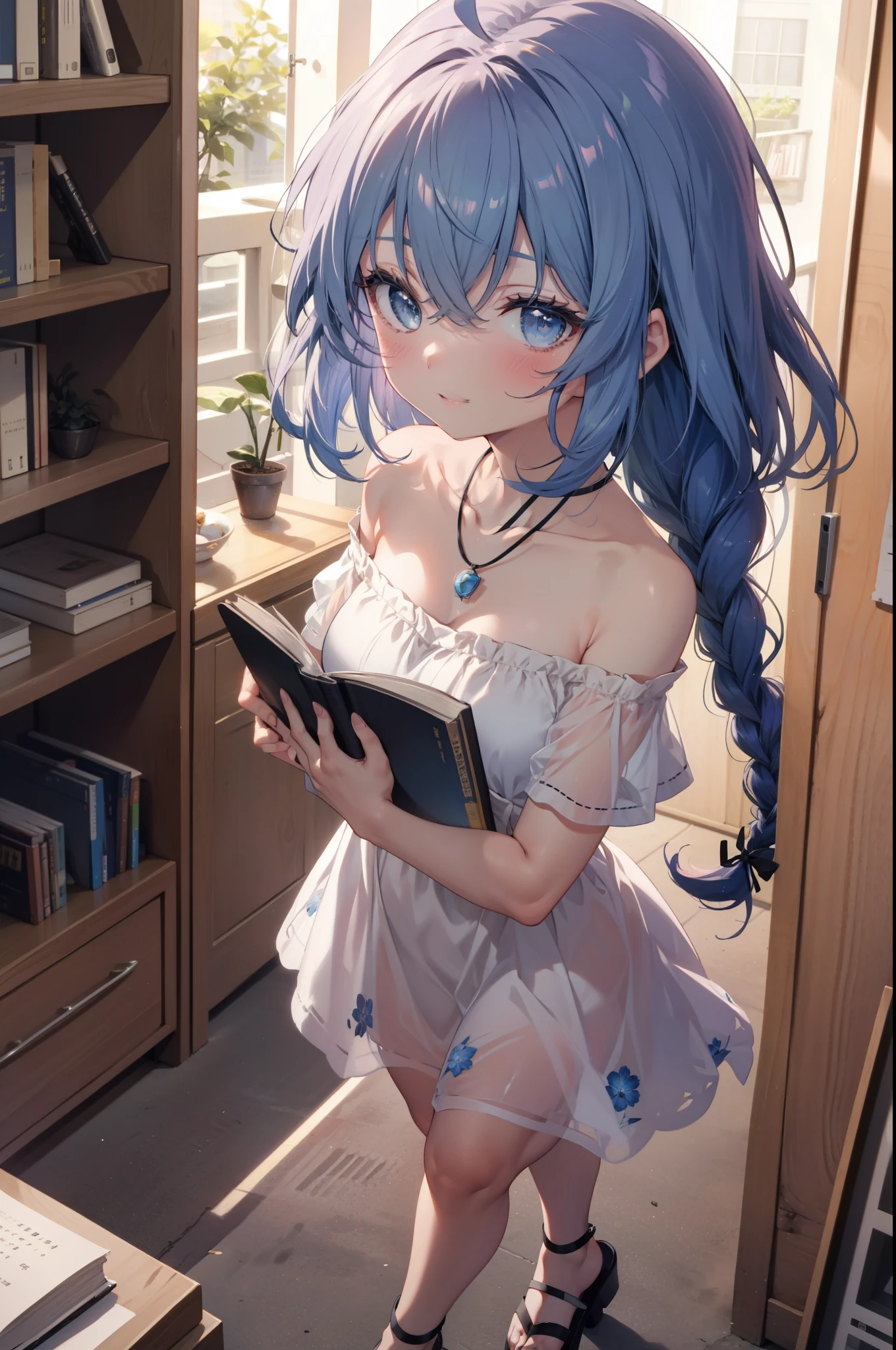 Roxymigurdia, Roxy, Ahoge, Black Ribbon, blue eyes, Blue Hair, Braiding, Hair between the eyes, Hair Ribbon, Long Hair, twin Braidings, very Long Hair, smile,blush,Open your mouth,Blue off-shoulder dress,bare clavicle,Bare neck,Bare shoulders,Rocket Pendant,Short sleeve,mini skirt,Cute heeled sandals,True Summer,Daytime,Clear skies,Walking,Bookshelf,Holding a book in both arms,whole bodyがイラストに入るように,
break looking at viewer,whole body,
break indoors,figure書館,
break (masterpiece:1.2), Highest quality, High resolution, unity 8k wallpaper, (figure:0.8), (Beautiful attention to detail:1.6), Highly detailed face, Perfect lighting, Highly detailed CG, (Perfect hands, Perfect Anatomy),