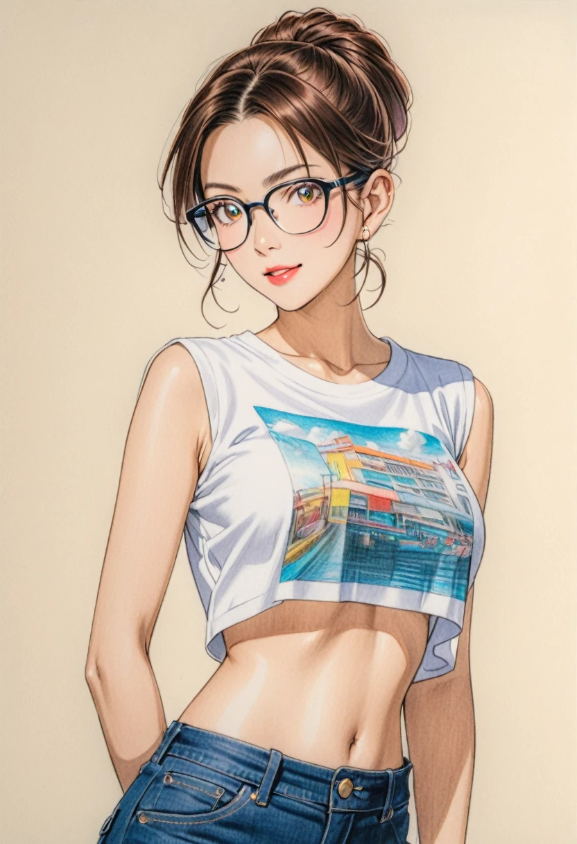  woman，Crop shirt，white，art，advertisement，Colored pencil drawing，draft 、Glasses、