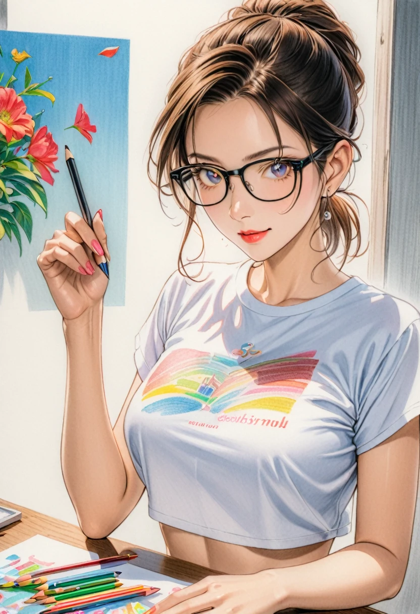 woman,Crop shirt,white,art,advertisement,Colored pencil drawing,draft 、Glasses、