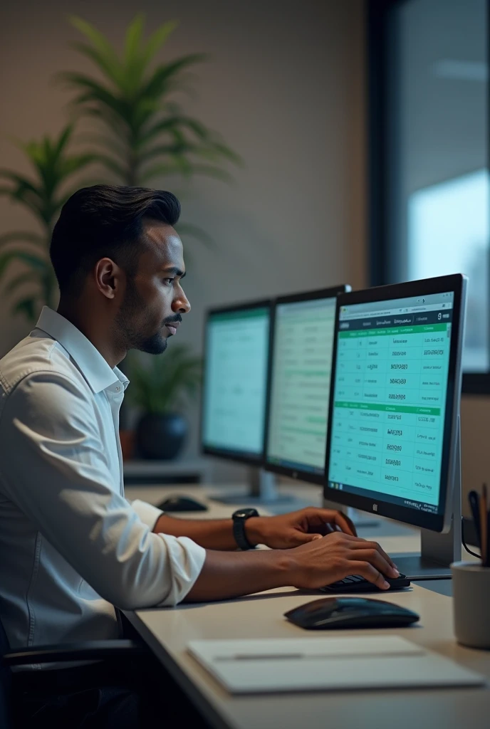 An Ethiopian man siting on the table in the office working and arranging many transaction payments on his computer that is visible to us, the transaction payments are clearly visible for us