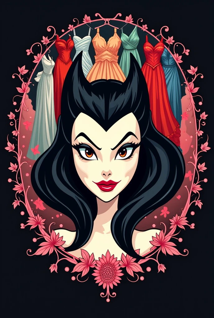 Boutique logo with Cruella de Vil's face in the middle of a boutique full of dresses