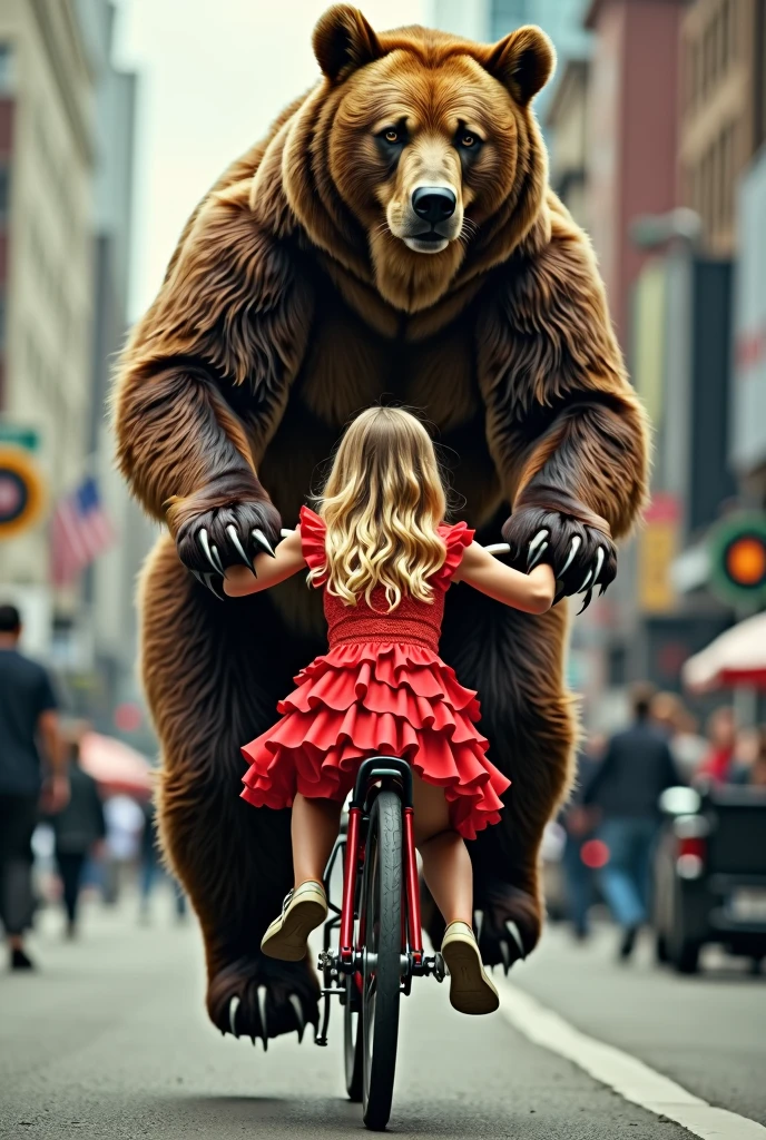 Newspaper photo\(realistic big bear pedaling bicycle, beautiful innocent blonde girl\(in red frilly dress\) sitting backwards on back of bicycle, feeling adolescent, at urban side, color photo\)