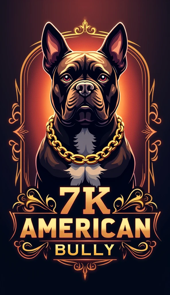 "Generate an eye-catching logo for an exotic American Bully breeder, micro size. The dog must be muscular, non-dark chocolate color tri exotic , with short snout, well-marked forehead and cropped ears like a pitbull. The body should resemble that of an English bulldog., but with extra defined muscles. The logo should include gold chains for a luxurious touch.. The name of the breeder is &#39;7K Bulls&#39; and must be written prominently in a stylish font. The predominant colors should be gold and rich tones that stand out."