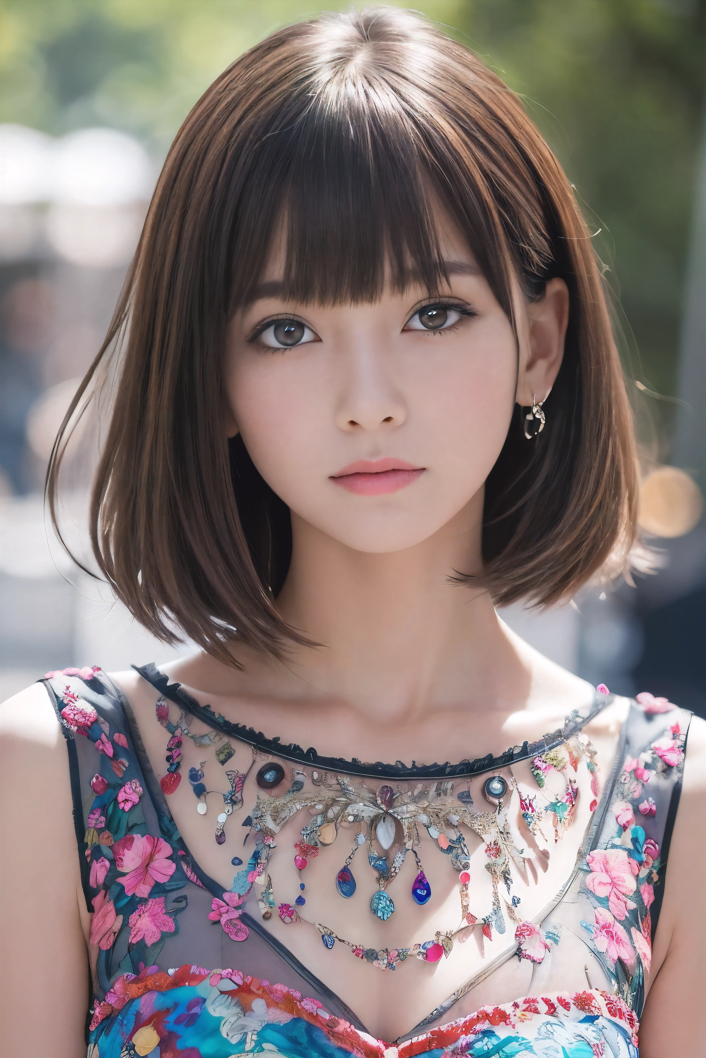 (((masterpiece, highest quality, Super detailed))), 1 female, (((very thin body))) , (((length, thin legs))), (((Colorful short hair, thick and fluffy bangs ))), (((highly detailed face))), cosmetics free, small and thin nose, small thin mouth, (((Very sharp focused eyes))), Japanese, beautiful face, (lifelike face), beautiful hairstyle, realistic eyes, fine and beautiful eyes, (real looking skin), beautiful skin, charm, Photo shoot that recreates Tim Burton'world view、The mysterious Colorful costume is also one of the highlights..。Victorian style Colorful dress and suit、Design with gothic elements.。Accessories include leather items and studs.、chain is important。model'You can also create a spooky and unique hairstyle..。High image quality、Capturing every detail clearly、,、Use a bright and vibrant color palette。As background:、Colorful ..、Creates images with Tim Burton's signature dark shadows and bizarre details。.。