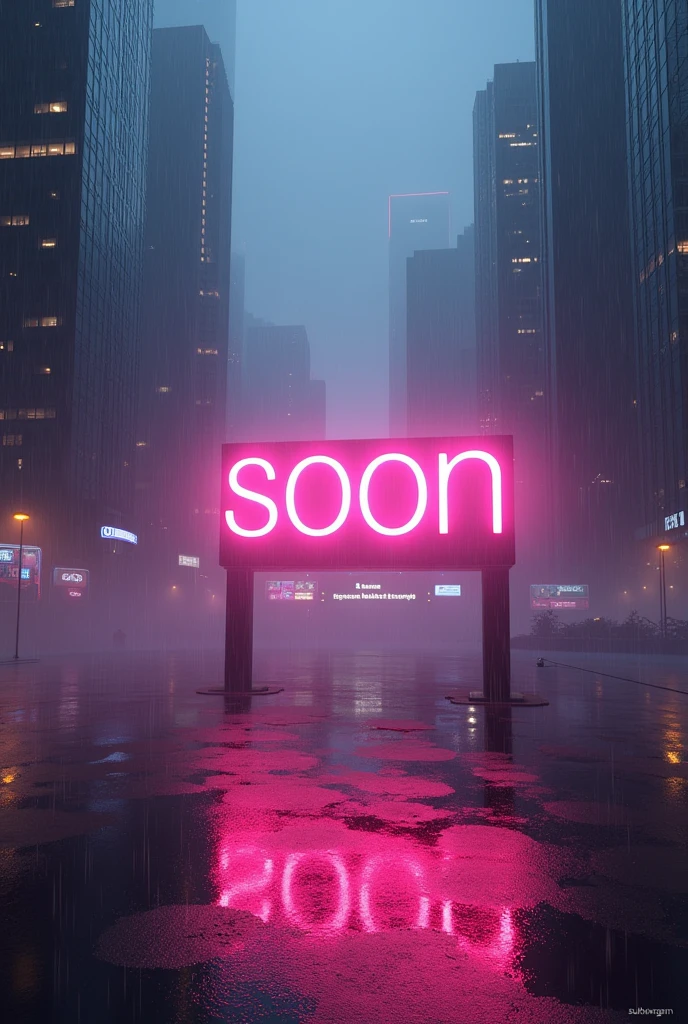 A 3d neon sign with the word "SOON" in a futuristic city. The background is a city with tall buildings, and there's rain and fog. Belowthe sign, it says "it is not just keyword, it beyond". The text is small and grey. At the bottom right corner, it says "shubhangam"