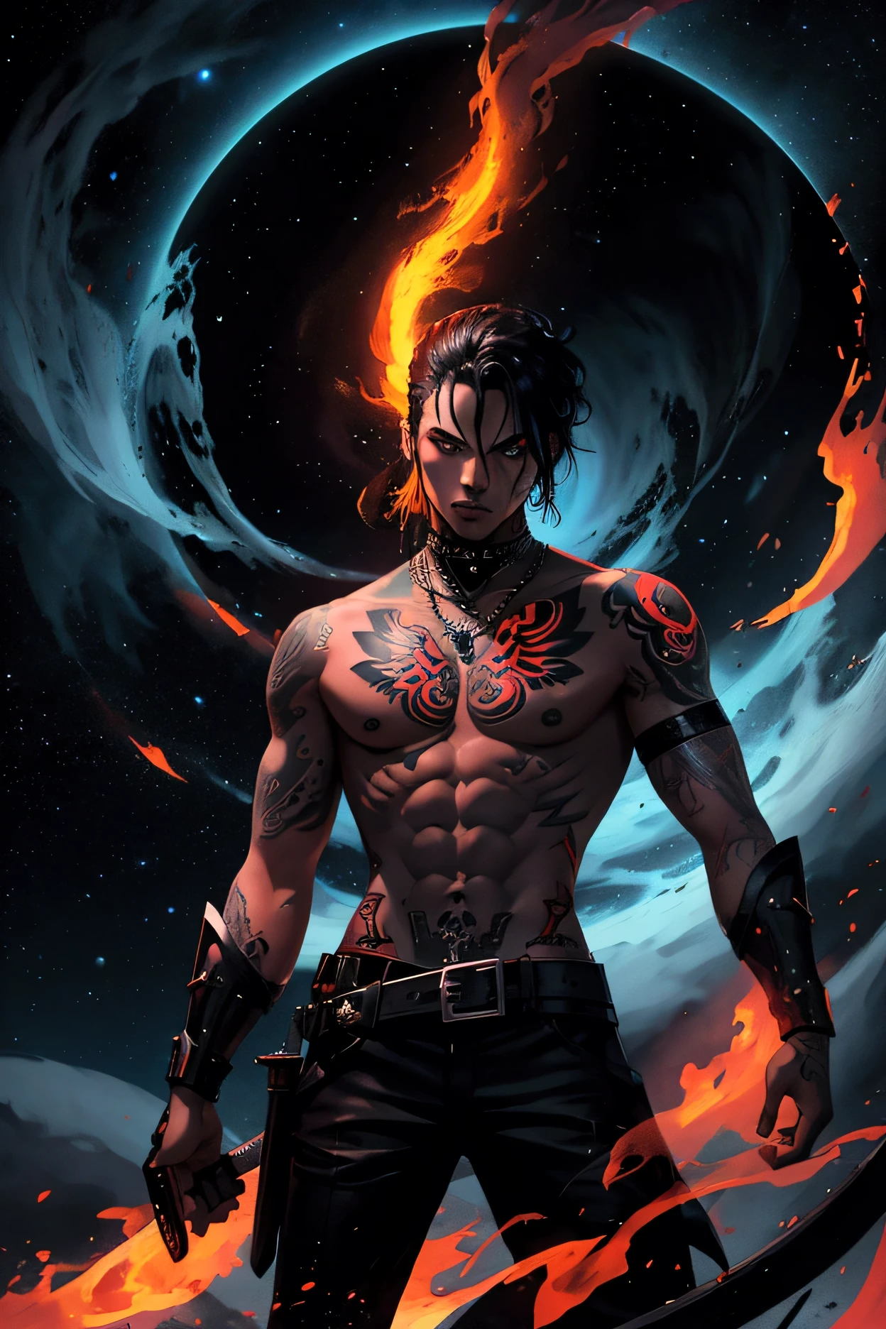 Character with tattoos with his sword in his hands on fire with a black hole in the background