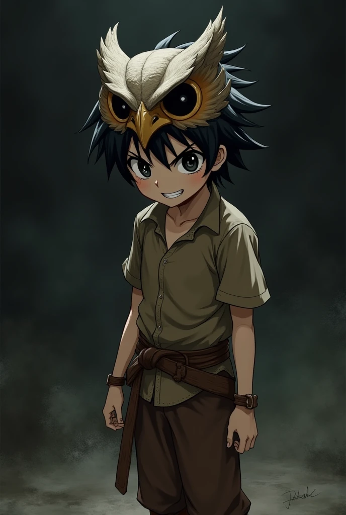 black eyes completely , anime, revealing the eyes, white face, short hair, small eyes, scary, boy, owl mask, dark brown hair, exorcist, smiling, looks a little crazy, old brown shirt, Native pants,