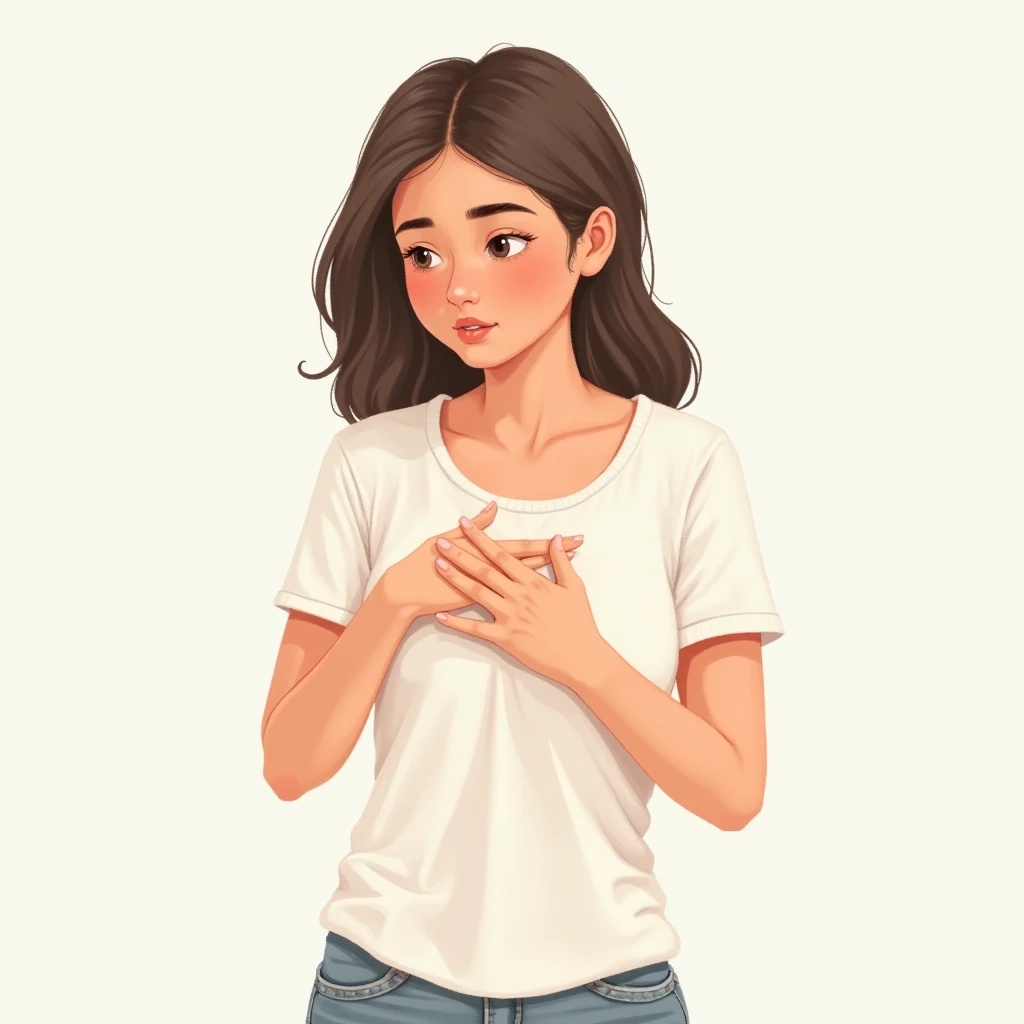 a girl,in t-shirt,examining her breast,illustration