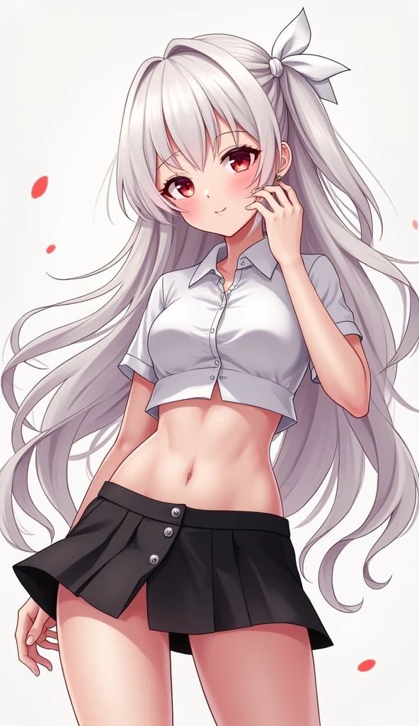 anime girl with long white hair, red eyes, white ribbon on the back of her head, wearing a short collared shirt, tie, white black short skirt , belly exposed , catoon , nsfw