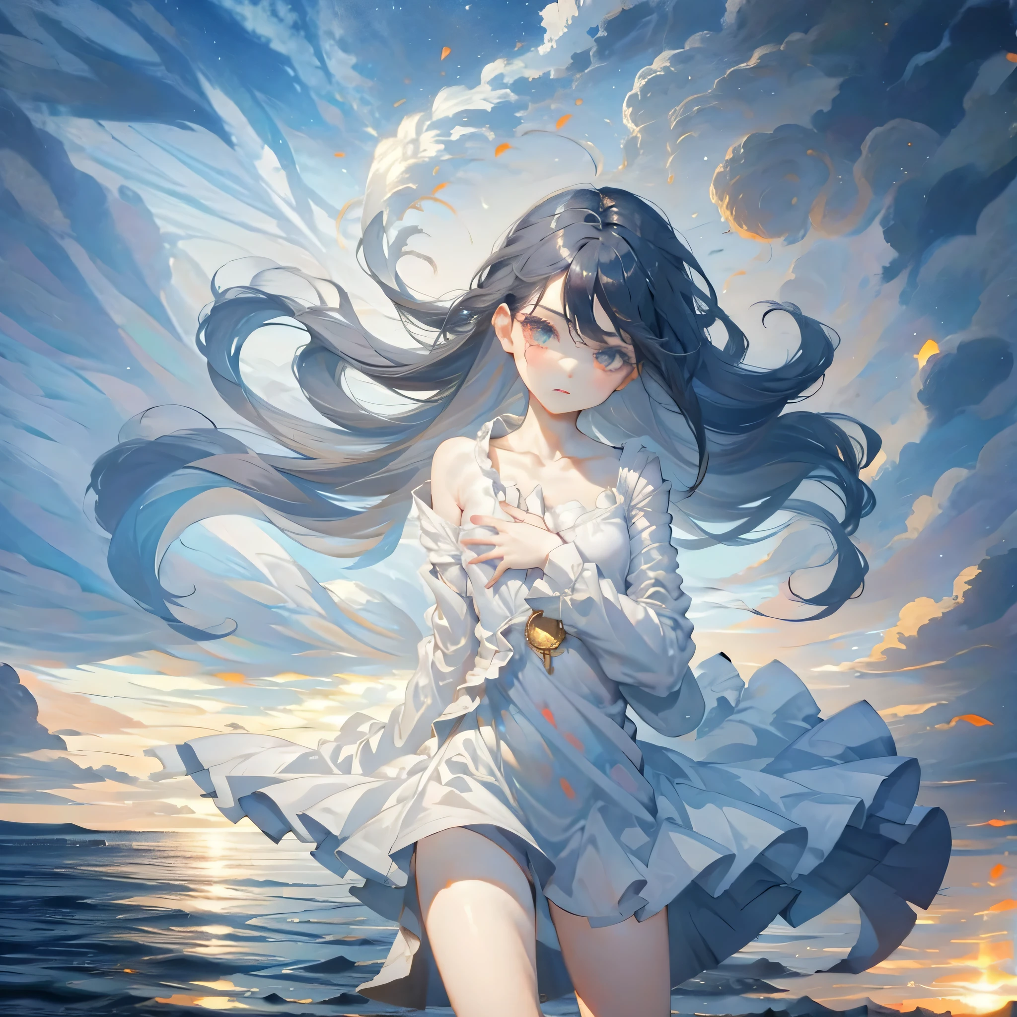 Fantasy mist Black Hair Hair blowing in the wind Flat chest magic circle Model pose