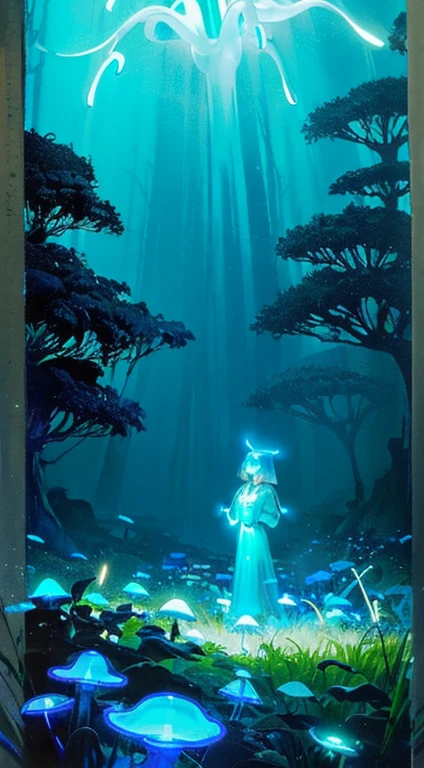 fantasy background, (illustration:1.0), masterpiece, best quality , (((bioluminescent lighting, blue light: 1.5 ,blue lighting: 1.5, blue tint: 1.5))) , detailed face and eyes, 1 girl, glow in the dark eyes, glow in the dark hair: 1.5,
detailed background , (wandering in a lush bioluminescent glow in the dark forest), (blue grass, blue leaves),
forest, glow in the dark forest: 1.5, (bioluminescent forest: 1.5. bioluminescent environment: 1.5), florescent mushrooms, florescent environment, ((glowing mushrooms, glowing trees, glowing grass, glowing vegetation)), (((bioluminescence: 1.5))), (((glowing particles in the air: 1.5, light particles : 1.5,))), blue butterflies,((night: 1.5)), full body