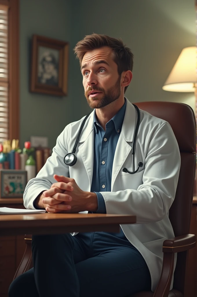 Docter sitting the chair with casual pose and talking about psychology and his table have name board called steve