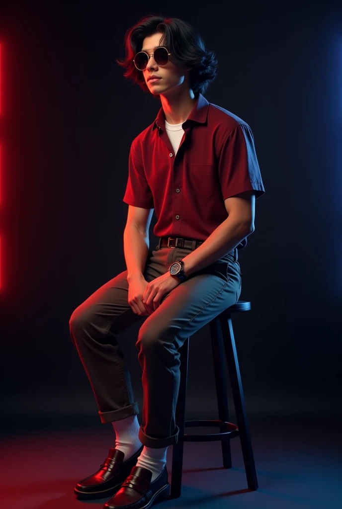  A  tan and tall boy with black wave hair and maroon polo t shirt tucked with dark brown belt and white long trousers, old watch, dark brown loafers, wearing a sunglass and sitting on the black stool and in black background in red and blue light on it the boy turning right and seeing right side 