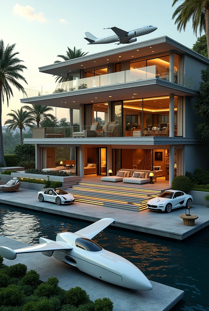 A big triplex mension, ash theme, Mercedes-Benz cars, Rolls-Royce, toyota land cruiser, private yatch, private jet, private helicopter