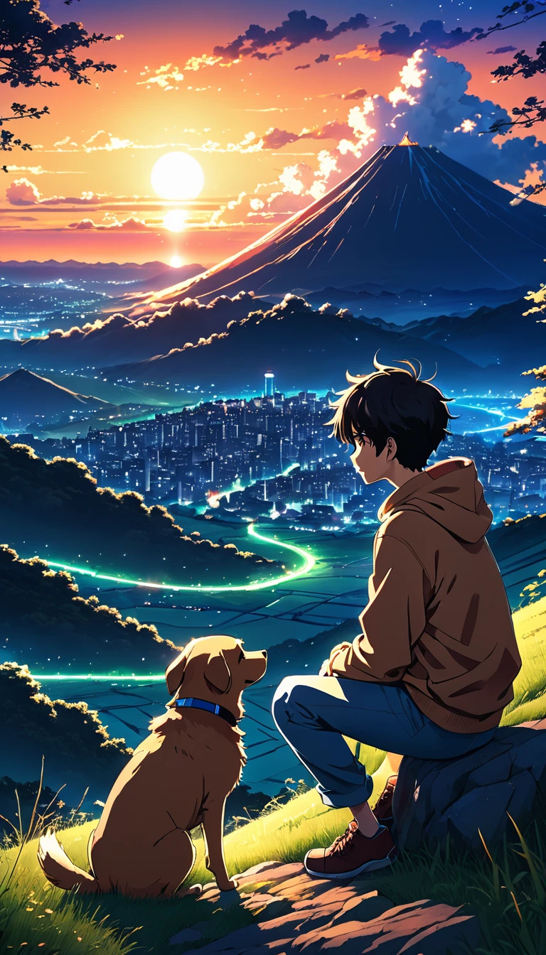 high quality, 8K Ultra HD, great detail, masterpiece, an anime style digital illustration, anime landscape of a boy with his dog sitting on a hill, a boy looking at a lighting the sky with a flashlight at night, anime wallpapers of nature with a serene sky, anime beautiful scene, beautiful anime peace scene, Makoto Shinkai Cyril Rolando, beautiful anime scene, amazing wallpaper, 8k anime art wallpaper, anime background, anime background art, 4k anime wallpaper, 4k anime art wallpaper, 4k anime art wallpaper,