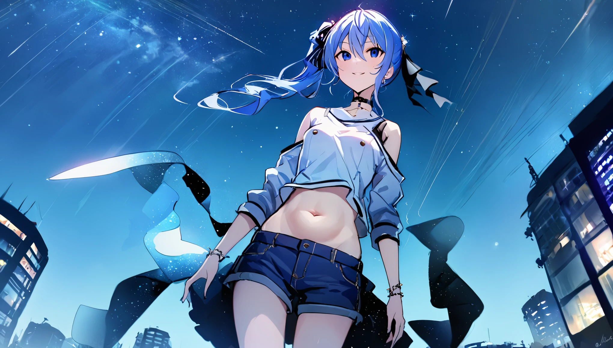 (8k、Best image quality、highest quality、masterpiece)、Detailed face、 1girl、Blue Hair、Long Hair、sideponytail、dark_blue_eyes、smile,(navel:0.6),Moderate_torso、small_breasts,((White T-shirt))、Off the shoulder、Black shoulder straps、(open_front_denim_short_shorts:1.2)、Shoot from below、City Background, starry_sky_landscape ,hoshimachi suisei, slender,(covered_nipples:0.3), (belly button:1.2),nihil,solo,stargaze,girl_looking_up_sky,(abs:0.6)