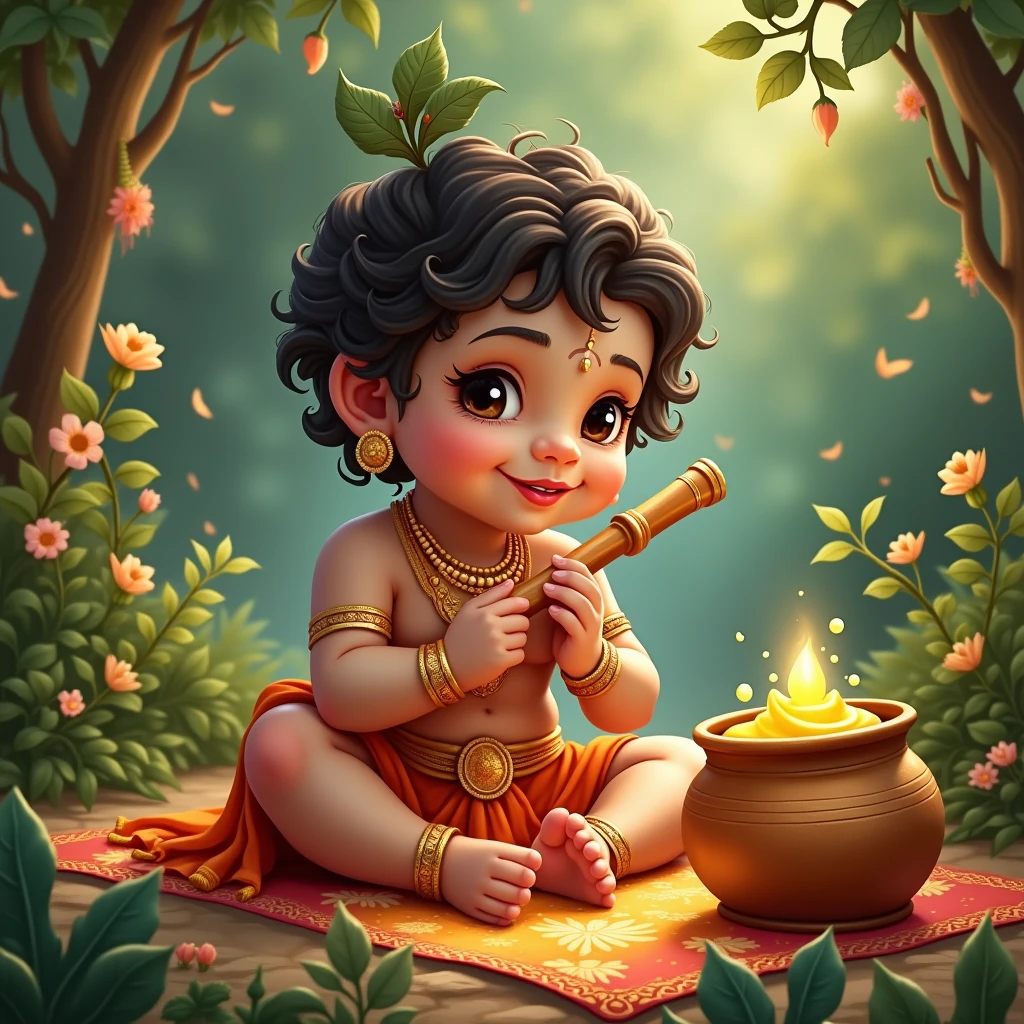 Indian Baby boy as lord Krishna for Janmashtami with a flute in hand and a clay pot of overflowing butter