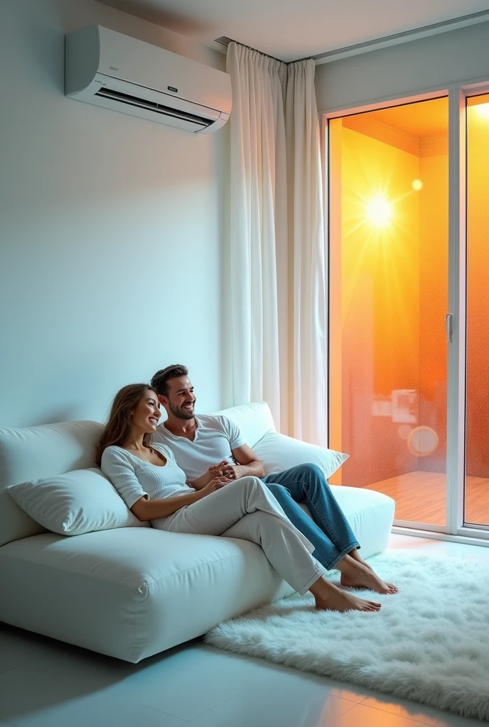 need a 9 by 9 photo where there is a white elegant living room where in the left side a plain white wall  with a happy couple on a couch with air condition on for a cool inside to beat the outside heat and from by the side glass windows there should be an wallpaper of warm and heaty background which shows through the glass window which shows hotness outside. but inside need to be cool like ice mountain