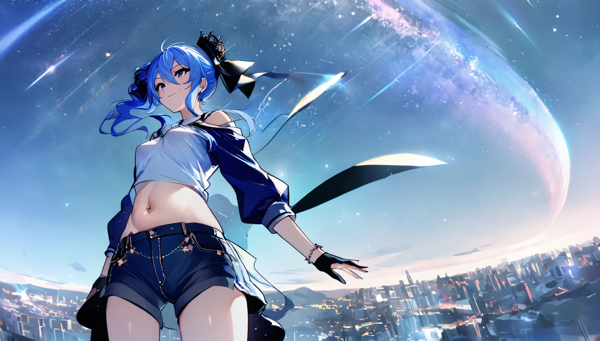 (8k、Best image quality、highest quality、masterpiece)、Detailed face、 1girl、Blue Hair、Long Hair、sideponytail、dark_blue_eyes、smile,(navel:0.6),Moderate_torso、small_breasts,((White T-shirt))、Off the shoulder、Black shoulder straps、(open_front_denim_short_shorts:1.2)、Shoot from below、City Background, starry_sky_landscape ,hoshimachi suisei, slender,(covered_nipples:0.3), (belly button:1.2),nihil,solo,stargaze,girl_looking_up_sky,(abs:0.6)