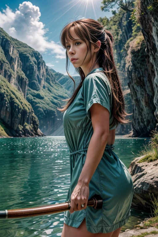 Jennifer Love Hewitt fishing for the catch of the day. The scene is depicted in anime realism, showcasing a detailed, perfect illustration of fishing action. The setting features a serene, picturesque landscape with clear waters, Jennifer Love Hewitt skillfully handling her fishing rod, and a sense of anticipation in the air as she waits for the big catch. The illustration is vibrant and captures the essence of anime realism, with careful attention to detail in her fisherman's attire, expression, and the surrounding environment, photo-realistic:1.37, (best quality,4k,8k,highres,masterpiece:1.2),ultra-detailed,HDR,vivid colors,studio lighting,extreme detail description