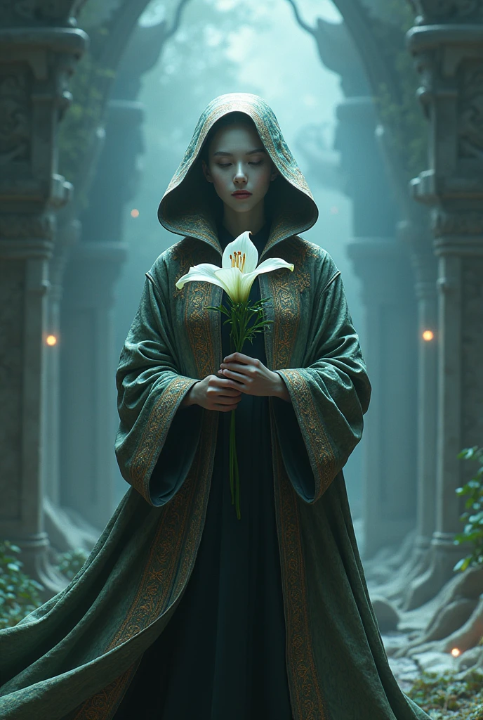 Generate a 5 sample of a genderless human with a multiverse inspired coat outfit holding a lily