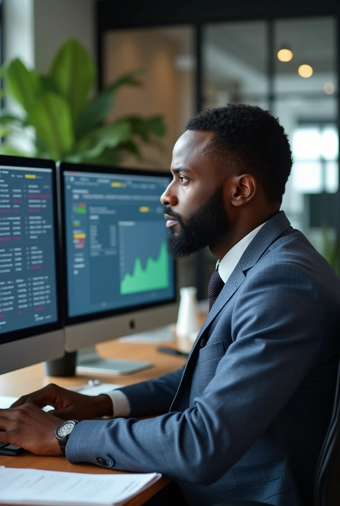 An Ethiopian black man siting on the table in the office  working and arranging many transaction payments on his computer that is visible to us, the transaction payments are clearly visible for us