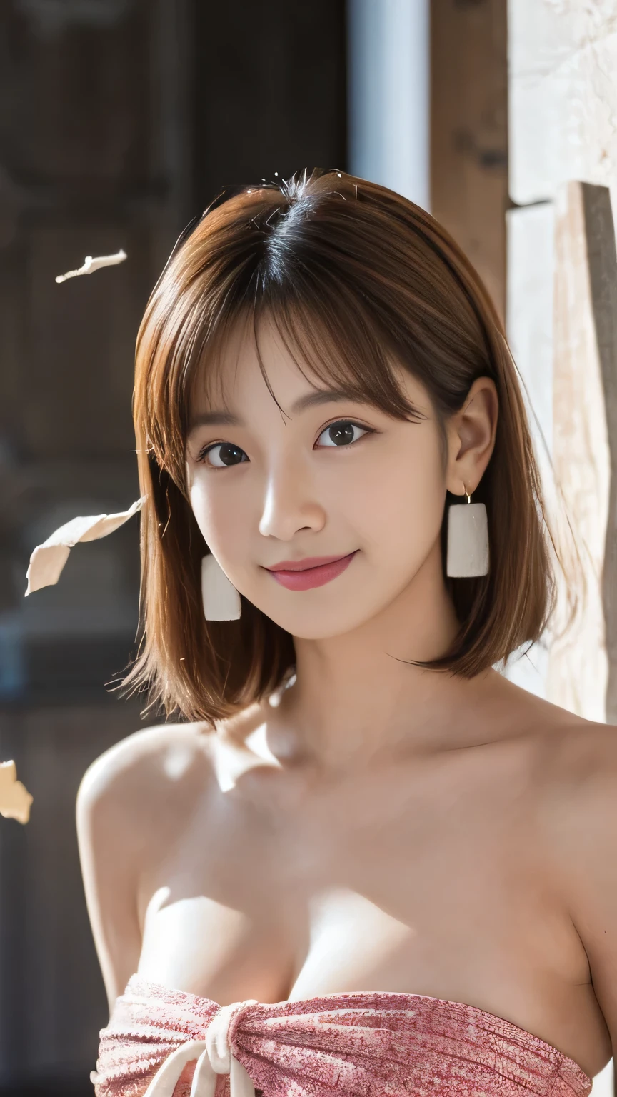 (Highest quality, Flying debris, Realistic photos, Very detailed, Ultra-high resolution, to be born:1.3), (1 female, Beautiful Japanese actresses, 2),  (A shy smile), Detailed face，Flashy makeup using red eyeshadow，Large ring earrings，Light blonde delicate medium cut hair，The tips of the hair are wavy，Elegant hairstyle，Beautiful Eyes, Slender actress，Small breasts,  (mini skirt dress), ( From beh de d), A glimpse of white panties，