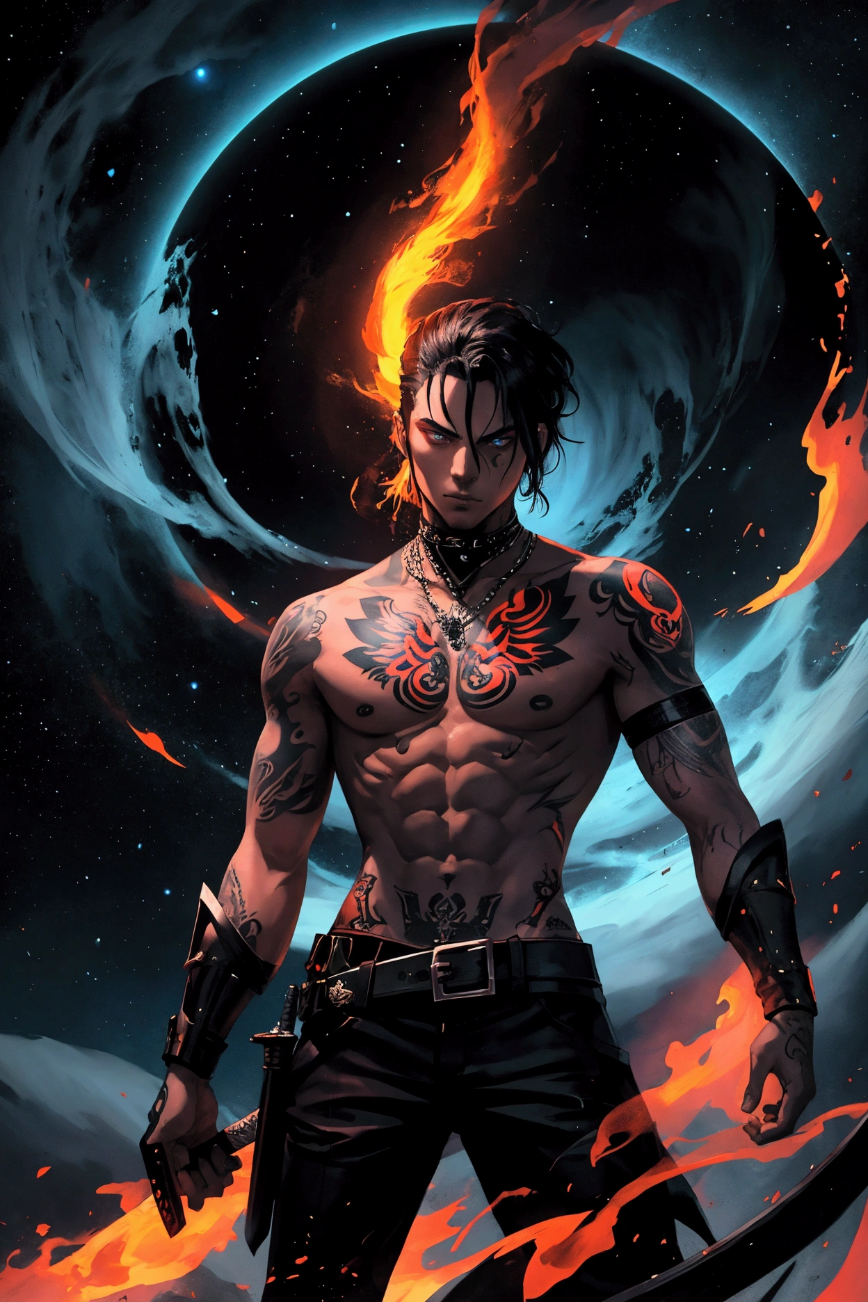 Character with tattoos with his sword in his hands on fire with a black hole in the background