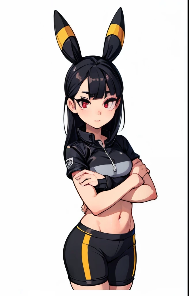 a girl with black hair, umbreon ears, red eyes, wearing black leggins shorts, pink sports bra, medium breasts, open black leather jacket, round ass, small hips, detailed face, beautiful detailed eyes, beautiful detailed lips, extremely detailed eyes and face, long eyelashes, photorealistic, 8k, high quality, hyperdetailed, cinematic lighting, dramatic colors, vibrant, moody, dark fantasy