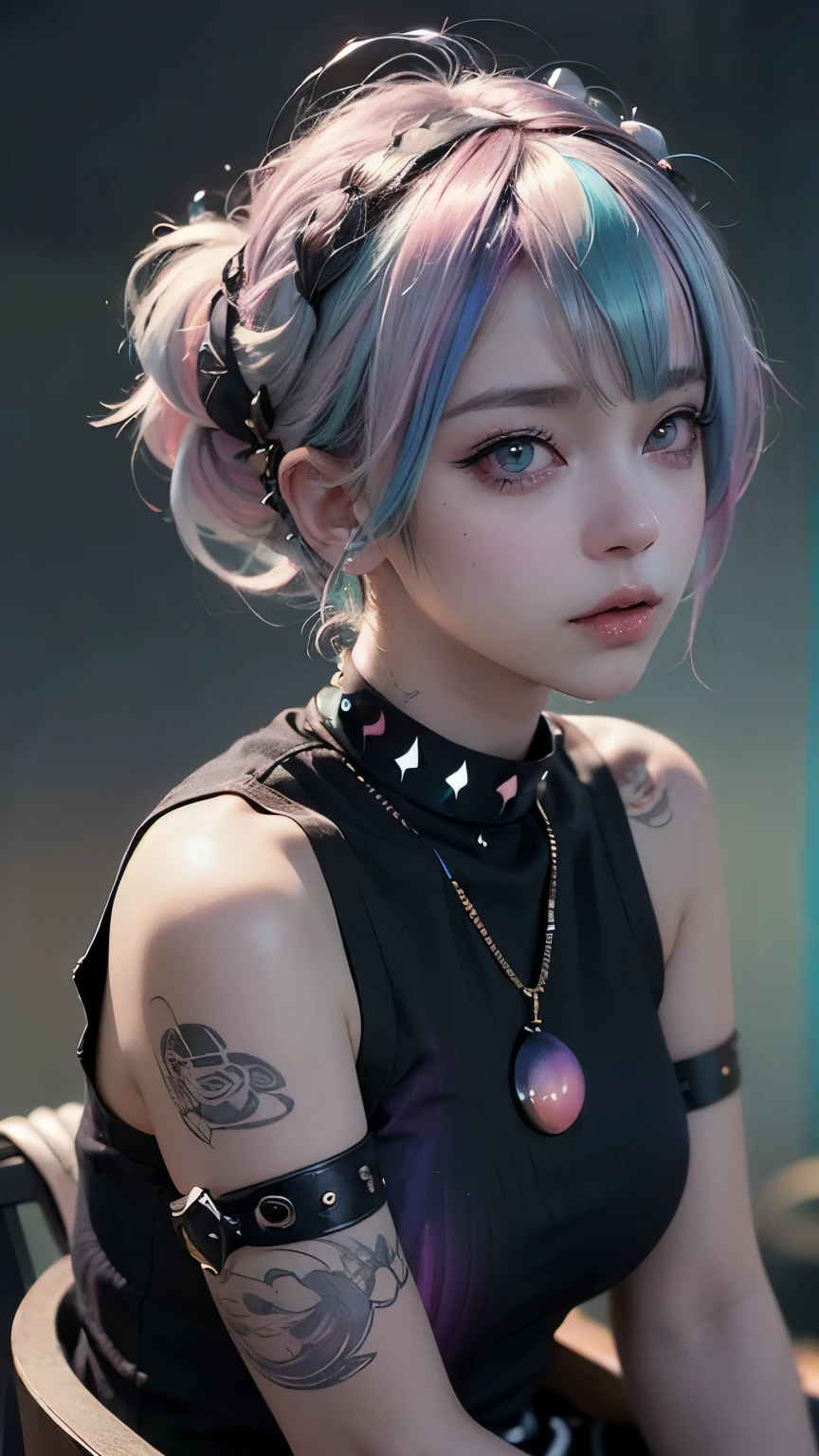 (Punk Girl:1.4), Mallet Hairstyles, Beautiful symmetrical eyes, (Colorful gradient hair:1.5), (Intricate details:1.2), (Very detailed face and eyes:1.2), No makeup, (Bear:1.1), Midnight Aura, Urban, sit and take a photo, Side view, Full body photo, (Delicate images), (RAW Photos: 1.2), (Realistic: 1.6), (Very detailed), (High resolution), (Highest quality), (masterpiece)