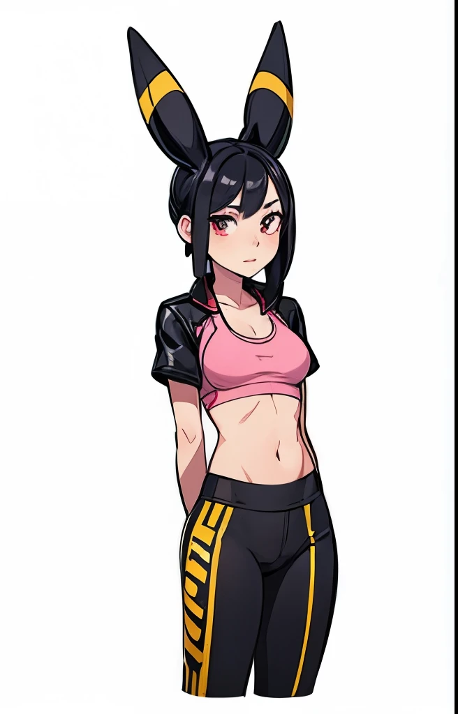 a girl with black hair, umbreon ears, red eyes, wearing black leggins shorts, pink sports bra, medium breasts, open black leather jacket, round ass, small hips, detailed face, beautiful detailed eyes, beautiful detailed lips, extremely detailed eyes and face, long eyelashes, photorealistic, 8k, high quality, hyperdetailed, cinematic lighting, dramatic colors, vibrant, moody, dark fantasy