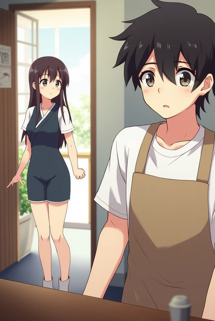 Two characthers in the frame with anime oshi no ko theme art. one character is male with flat face expression with coma hairstyle using white t-shirt and apron on it standing behind the counter. the male character looking at Beautiful female with long hair and japanese one piece coming from the front door