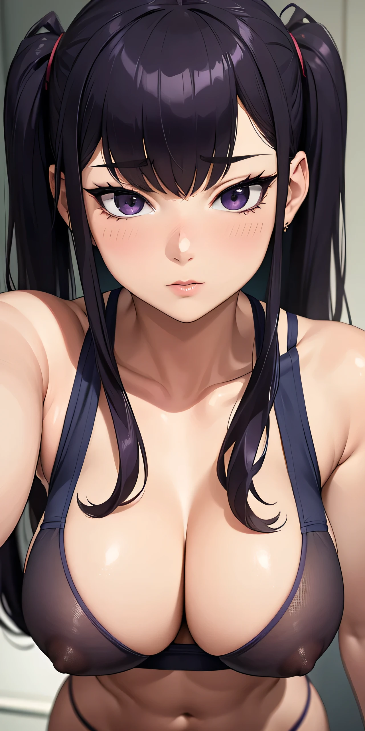 1 Female,High definition,high resolution,Ultra-realistic,8K, Komi Shouko, solo, Purple eyes, Dark Purple hair, twintails,European,sexy,Upper body close-up,I Front,Photographed from the front,Looking to the Camera,Dynamic Angles,private teacher,A little sheer underwear,Red underwear,blush, huge , nipples ,show , Sports bra, micro sports bra, erect nipples , Open breast sports bra , Point of view from above, White sports car , Half-naked breasts, Komi's very small breasts bra that does not cover her huge breasts