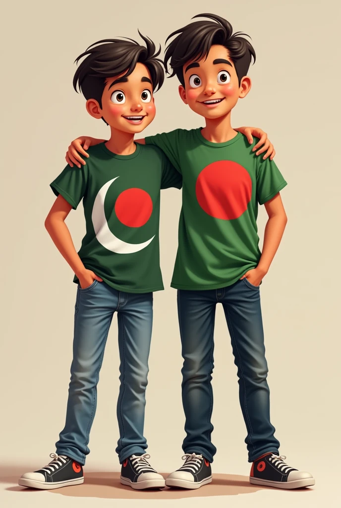 Two boy friends wearing t-shirts of Pakistan and Bangladesh are looking at the camera together |