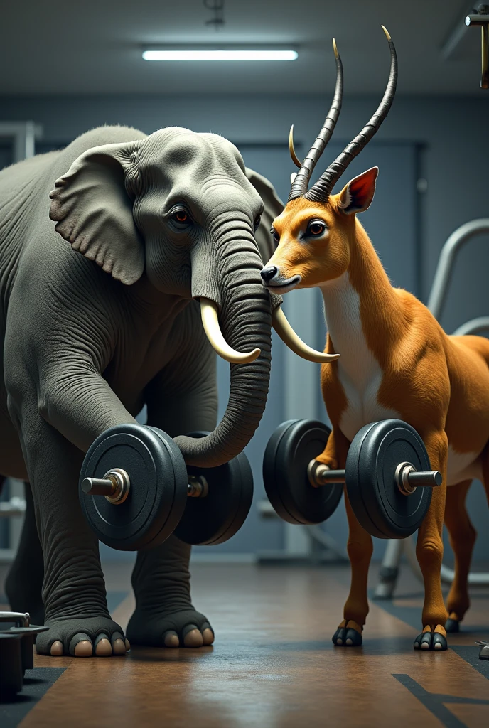An muscular elephant and an antelope stand shoulder to shoulder in a gym and lift dumbbells in both hands.