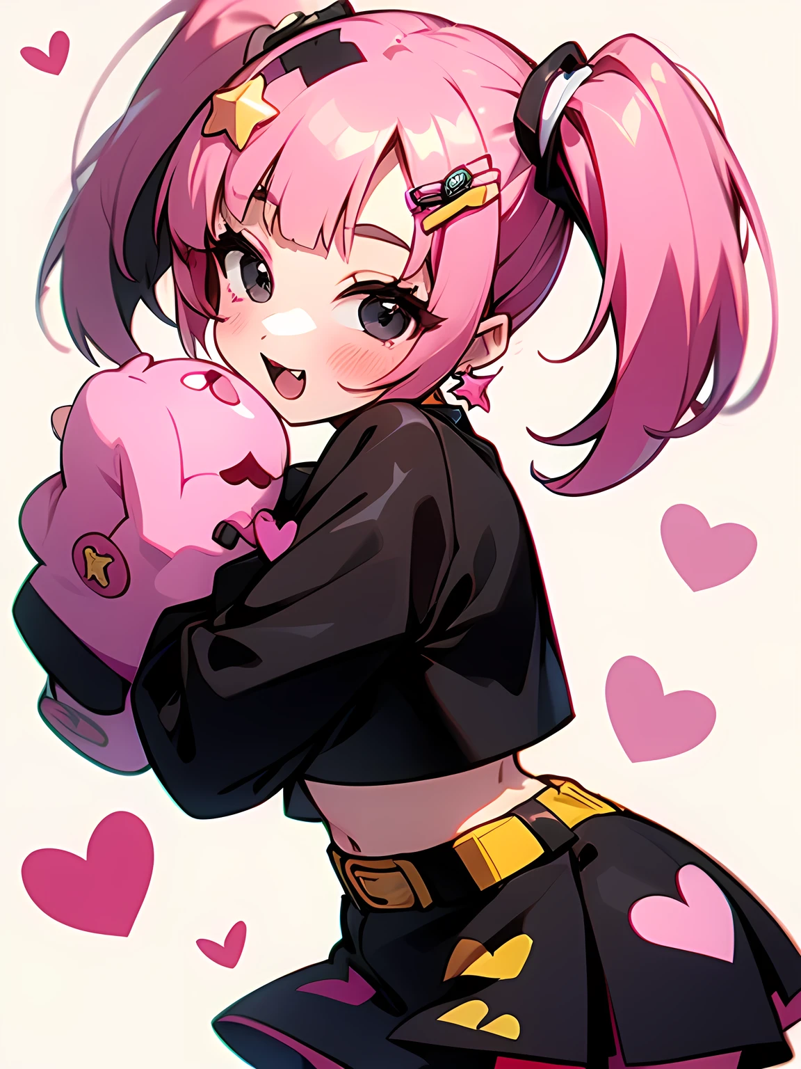 sideview,((chibi:1.2)), heart, tooth, skirt, pink backgrounis, smile, black skirt, Sleeves are longer than the wrist, blush, View your viewers, Open your mouth, simple backgrounis, Sleeves are longer than your fingers, Crop top, hanis on hip, shirt, Long sleeve, pantyhose, belt, black shirt, Clothing cutouts, miisriff, :is, siiselocks, miniskirt, :3, skin tooth, Grey Eyes, white overview, bare shoulisers,  Long Hair, multicoloreis hair, Shiny, meisium hair,Blood,Captivating breasts、(I am a star)、 decora, hairclips, harajuku fashion outfit, harajuku