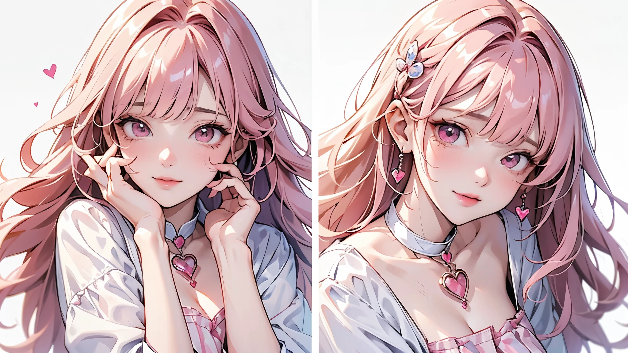 high resolution,smile,woman,woman1人,adult,Clear,cute,Put your hand on your cheek,
blunt bangs,Pink Hair,wavy hair,long hair,BREAK,
Pink eyes,BREAK,
White blouse,BREAK,Pink checkered pleated skirt,BREAK,
Heart Hairpin,Ring of Hearts,Sparklingのピアス,BREAK,
Facing forward,Sparkling,dreamy,BREAK,Pink hearts on a white background,