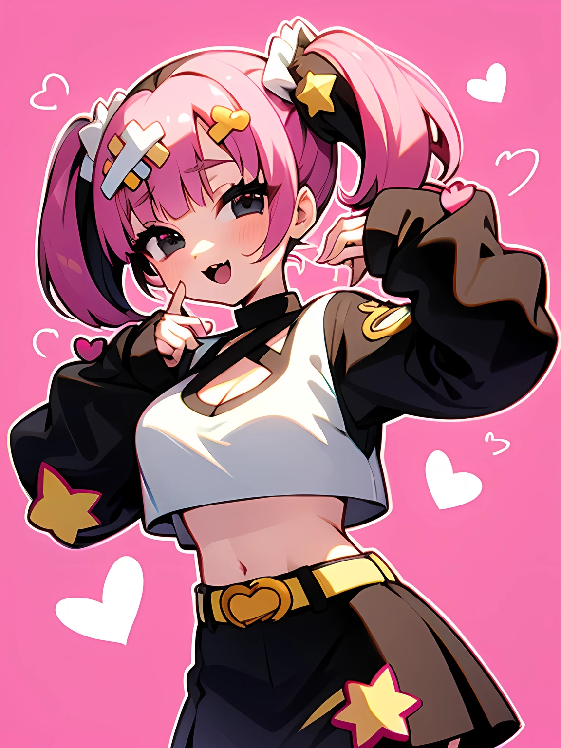 sideview,((chibi:1.2)), heart, tooth, skirt, pink backgrounis, smile, black skirt, Sleeves are longer than the wrist, blush, View your viewers, Open your mouth, simple backgrounis, Sleeves are longer than your fingers, Crop top, hanis on hip, shirt, Long sleeve, pantyhose, belt, black shirt, Clothing cutouts, miisriff, :is, siiselocks, miniskirt, :3, skin tooth, Grey Eyes, white overview, bare shoulisers,  Long Hair, multicoloreis hair, Shiny, meisium hair,Blood,Captivating breasts、(I am a star)、 decora, hairclips, harajuku fashion outfit, harajuku