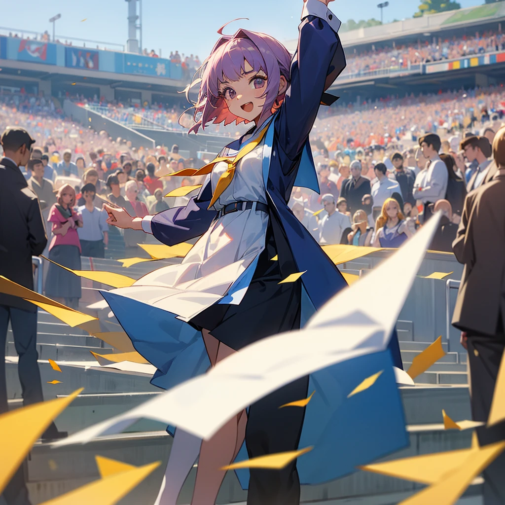 Graduation Day:Lila in a graduation gown, proudly holding her diploma, with a backdrop of a university campus and cheering friends and family.
