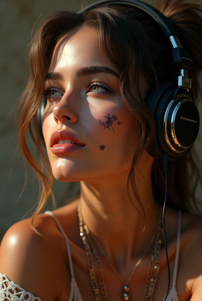 fancy hairs facial jewelry bad style tanned skin face tattoo on face beauty mark. Headphone is enjoying  the music.PERFECT MASTERPIECE, EXTREMELY DETAILED CG UNITY 32K UHD QUALITY RESOLUTION WALLPAPER, PHOTOREALISTIC, RAW PHOTO, PERFECT PHOTOGENIC CLARITY, OFFICIAL ART, AWARD-WINNING PORTRAIT, ULTRA HYPER-REALISTIC, ULTRA HYPER-DETAILED, SHINY REALISTIC SKIN, RAY TRACING, UNREAL ENGINE 5.8K, GLOWING AMBIENT LIGHT, Arabian girl face portrait lips bite mouth tongue