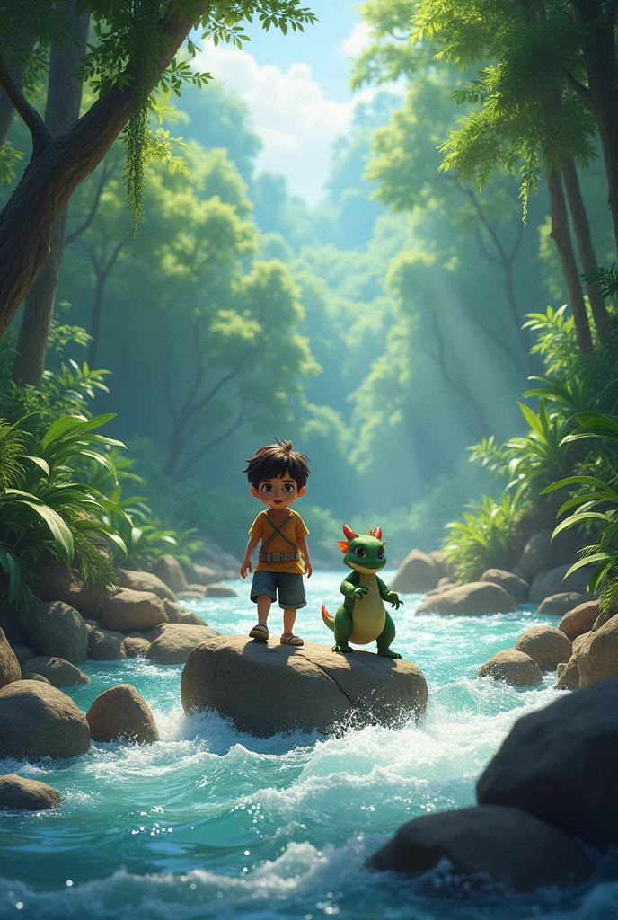 Prompt: "The boy helps the dragon cross a river by stepping on large stones, with the water rushing around them. The jungle in the background is lush with tall trees and hanging vines, and the boy looks determined while the dragon stays close to him, trusting him completely."