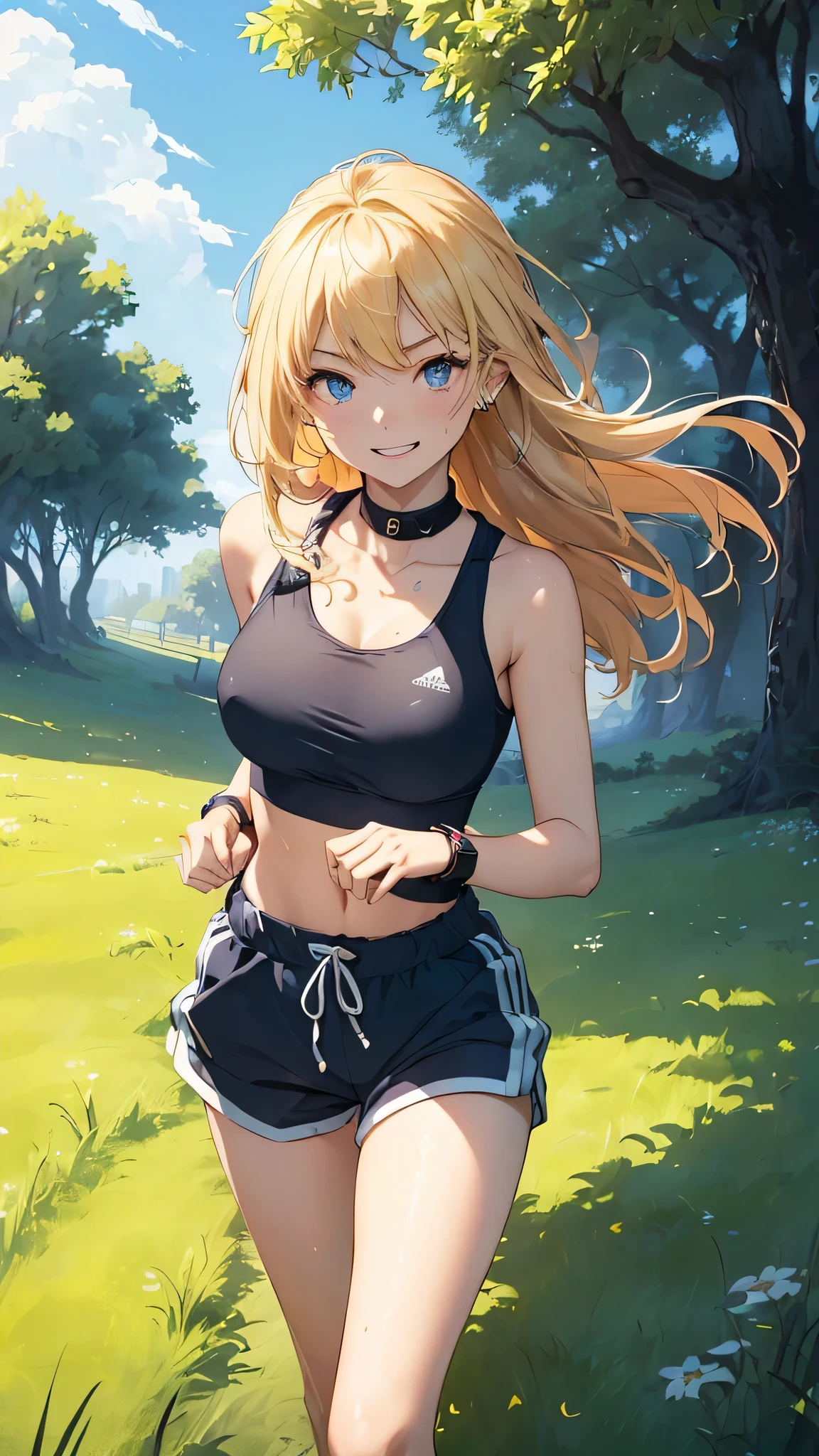 最high quality、Best image quality、masterpiece、woman((18-year-old、Sportswear、Black sports bra、Blue shorts、Best Bust、Bust 85、Blonde、Long Hair、blue eyes、Open your chest wide、valley、happiness、Black wristband on wrist、Slender、smile、耳Nipple Ring、running、The wind is blowing、sweating、Hunchback))high quality、Visual Arts、background((grassland、Grass path))、Tabletop、