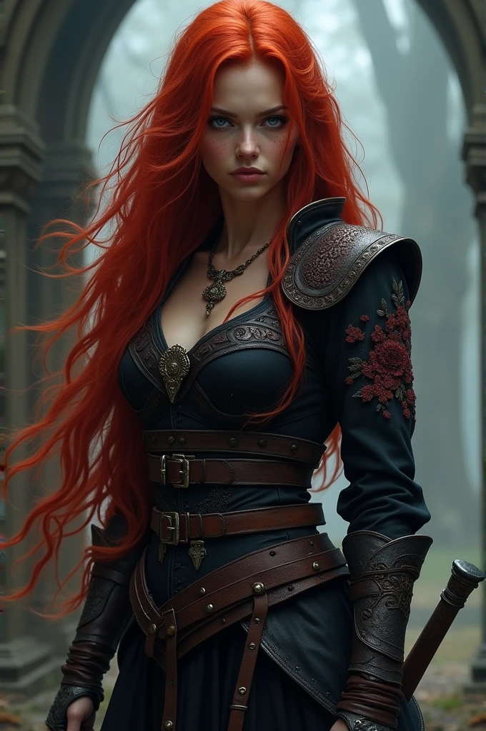 she has fiery red hair that reaches the middle of her back, symbolizing the blood she cannot wash away. Her azure blue eyes used to shine with hope, but now they are filled with sadness and anger. She wears a dark black warrior's outfit, decorated with red embroidery that represents loss.