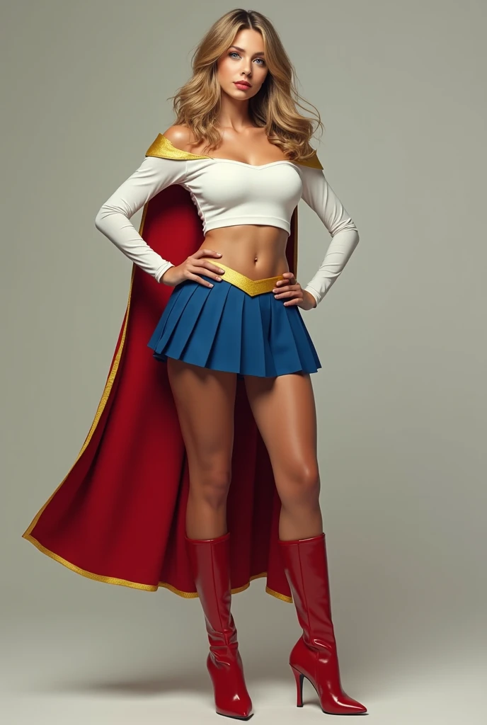 full view of A SEXY TEENAGE FEMALE WITH DARK BLUE EYES AND MEDIUM MESSY GOLDEN BLONDE HAIR WEARING A CLASSIC WHITE SUPERGIRL LONG SLEEVED CROP TOP COSTUME, A SHORT BLUE PLEATED SKIRT WITH A YELLOW SUPERGIRL BELT, RED HIGH HEELED SUPERGIRL BOOTS, AND SHORT RED SUPERGIRL CAPE WITH YELLOW TRIM. extra extra large boobs, incredibly detailed skin and eyes, seductive poses, 8K resolution, masterpiece, ultra-detailed, realistic, photo-realistic, vivid colors, dramatic lighting,
