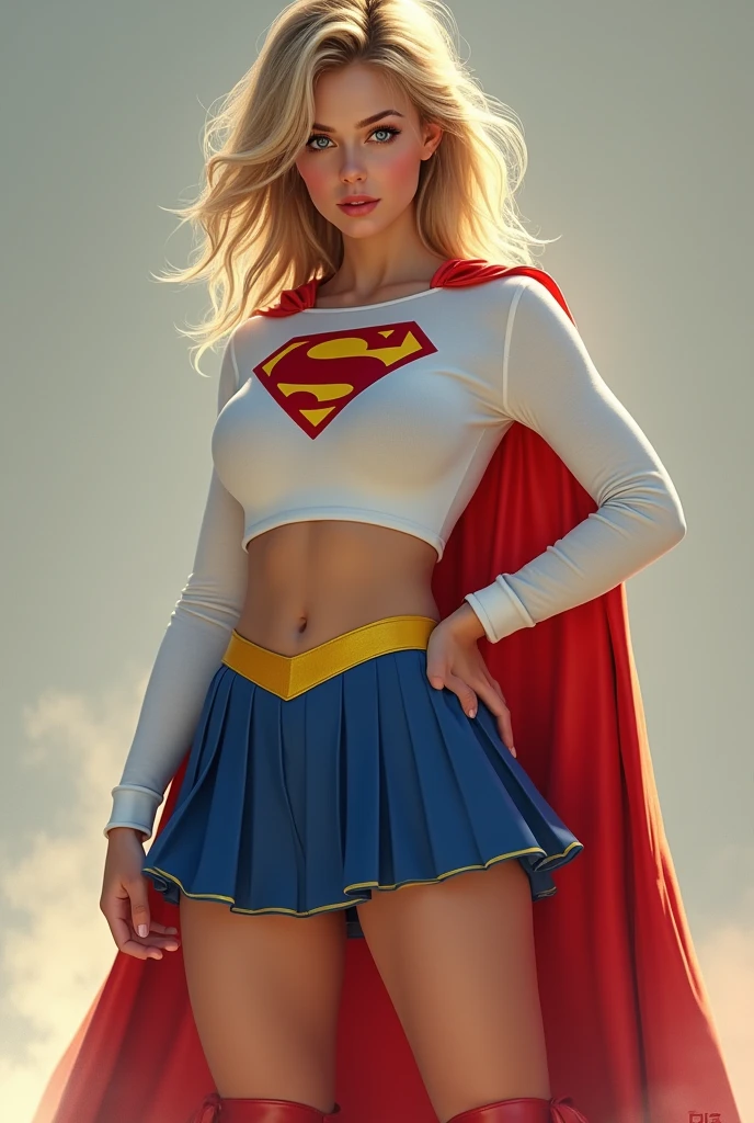 full view of A SEXY AGE FEMALE WITH DARK BLUE EYES AND MEDIUM MESSY GOLDEN BLONDE HAIR WEARING A CLASSIC WHITE SUPERGIRL LONG SLEEVED CROP TOP COSTUME, A SHORT BLUE PLEATED SKIRT WITH A YELLOW SUPERGIRL BELT, RED HIGH HEELED SUPERGIRL BOOTS, AND SHORT RED SUPERGIRL CAPE WITH YELLOW TRIM. extra extra large boobs, incredibly detailed skin and eyes, seductive poses, 8K resolution, masterpiece, ultra-detailed, realistic, photo-realistic, vivid colors, dramatic lighting,