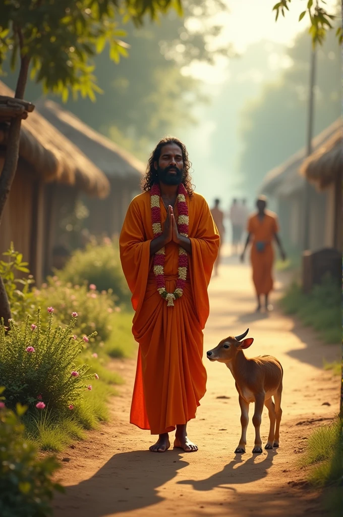 Hare krishna ai image in village with cow's child