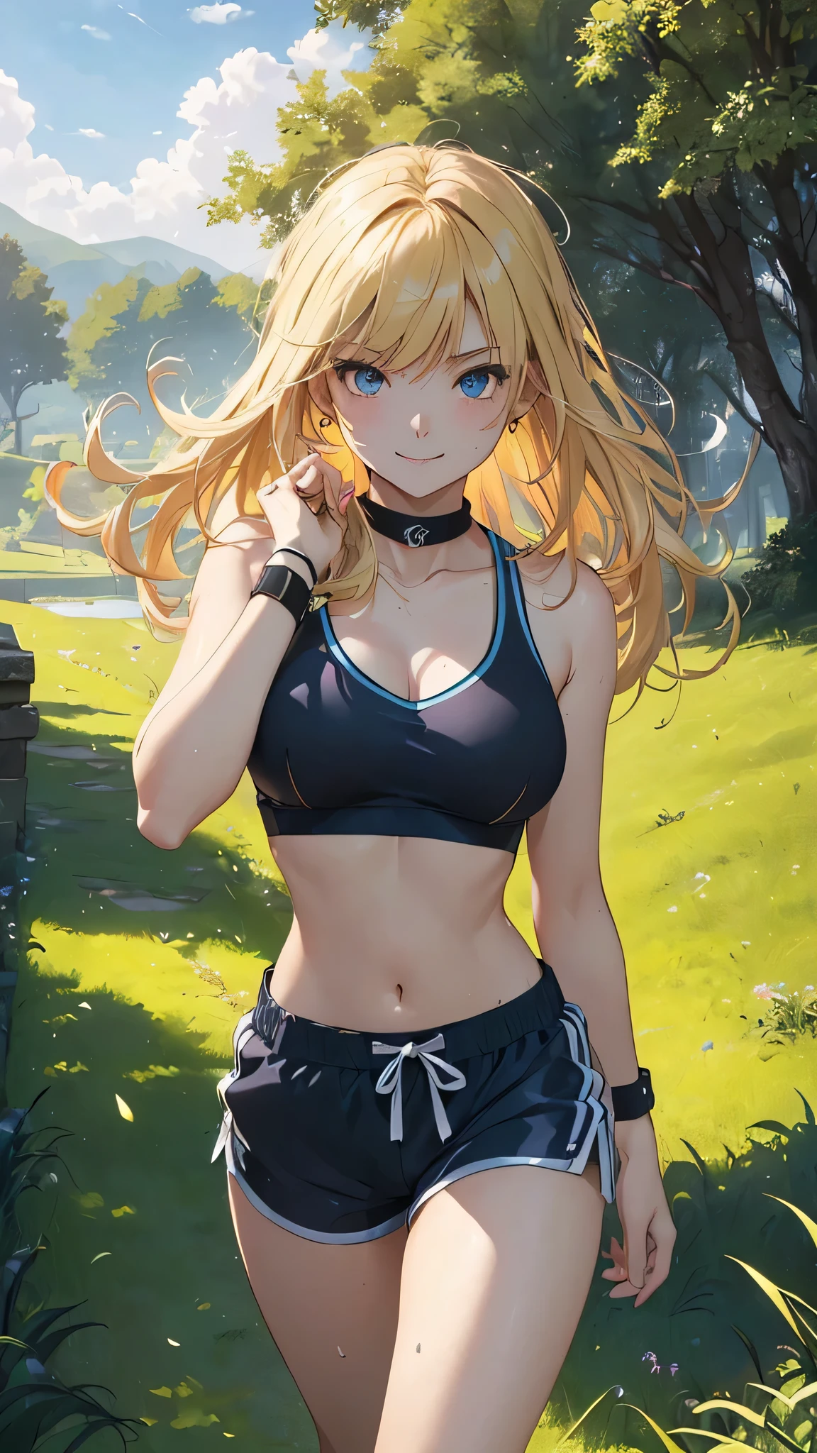 最high quality、Best image quality、masterpiece、woman((18-year-old、Sportswear、Black sports bra、Blue shorts、Best Bust、Bust 85、Blonde、Long Hair、blue eyes、Open your chest wide、valley、happiness、Black wristband on wrist、Slender、smile、耳Nipple Ring、running、The wind is blowing、sweating、Hunchback)）high quality、Visual Arts、background((grassland、Grass path))、Tabletop、
