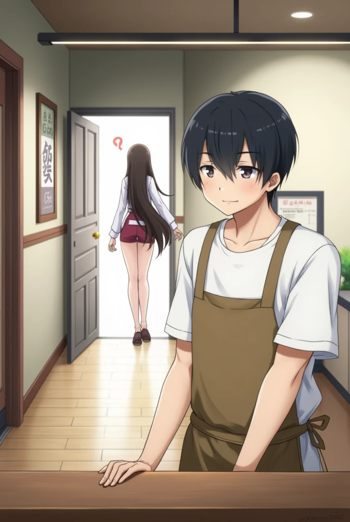 Two characthers in the frame with anime oshi no ko theme art. one character is male with flat face expression with coma hairstyle using white t-shirt and apron on it standing behind the counter. the male character looking at Beautiful female with long hair and japanese one piece coming from the front door