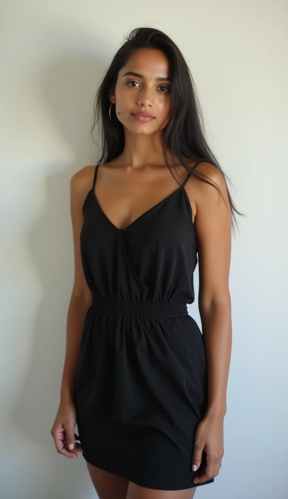 A cute 20 years old indian girl taking selfie, rough dry face skin , full body view , black dress , white wall background , model pose