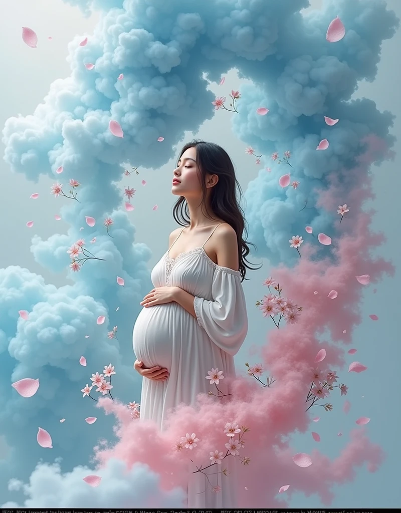 pregnant woman , flower background smoke boms around the lady, pink and blue smokeey coloudy background would be better 